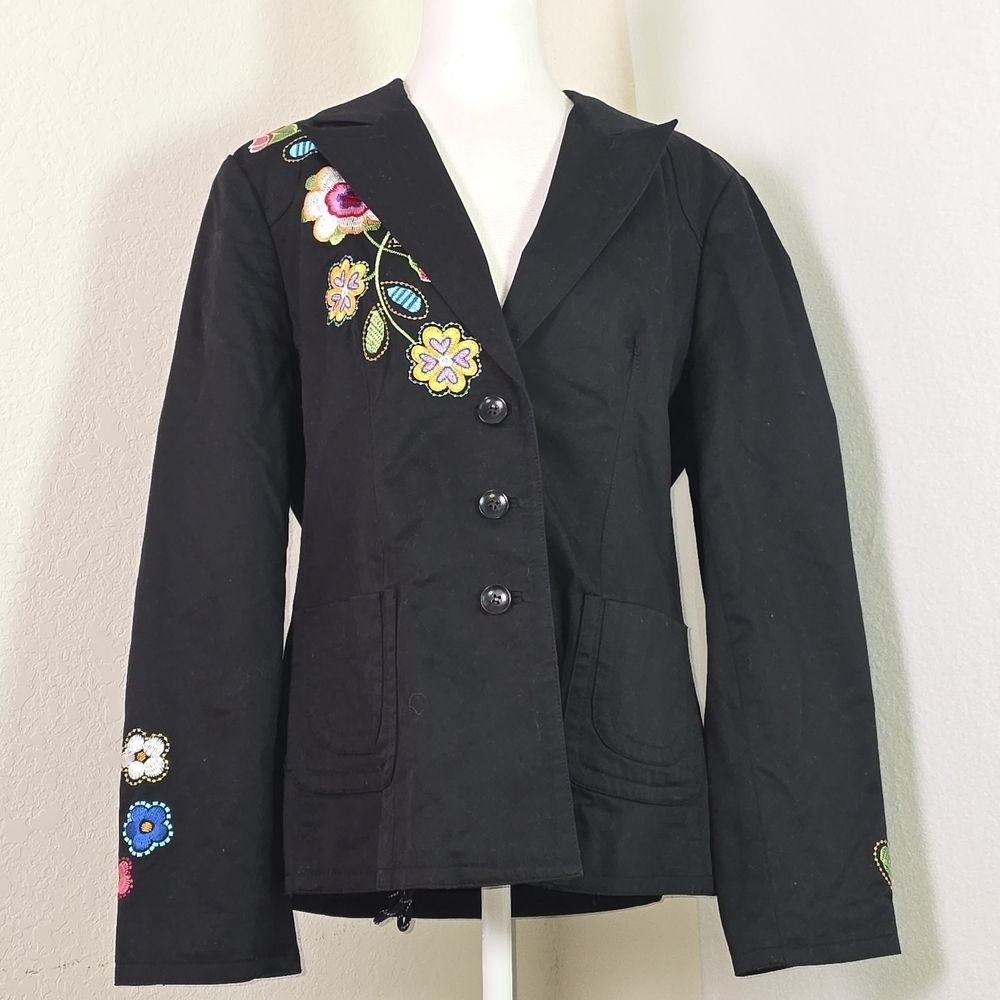 Focus 2000 Black Blazer Jacket Women’s Medium Floral Embroidered Boho Western